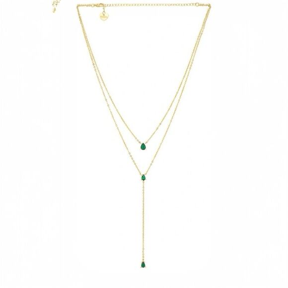 BRACHA Esmeralda Lariat Necklace in Metallic Gold Layered & Emerald Crystal NWT - Picture 1 of 6
